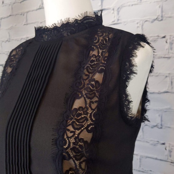 Tops - Women's Black Sheer Sleeveless Blouse with Lace Trim - Size Small